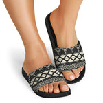 Black And Beige Aztec Pattern Print Black Slide Sandals