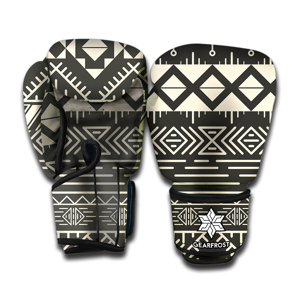 Black And Beige Aztec Pattern Print Boxing Gloves