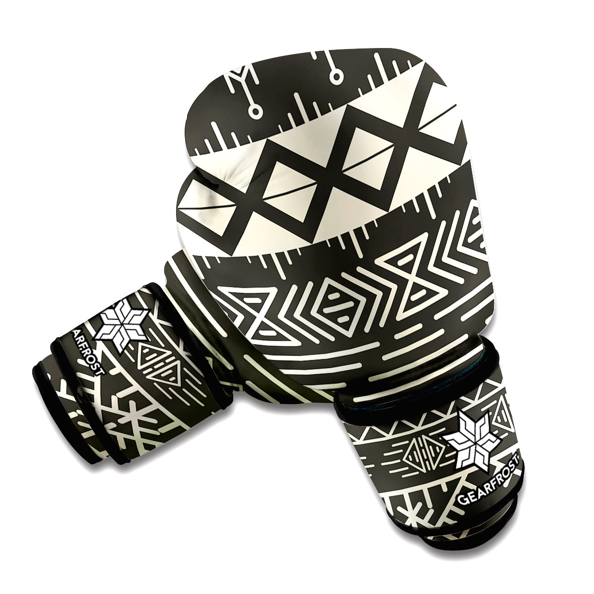 Black And Beige Aztec Pattern Print Boxing Gloves