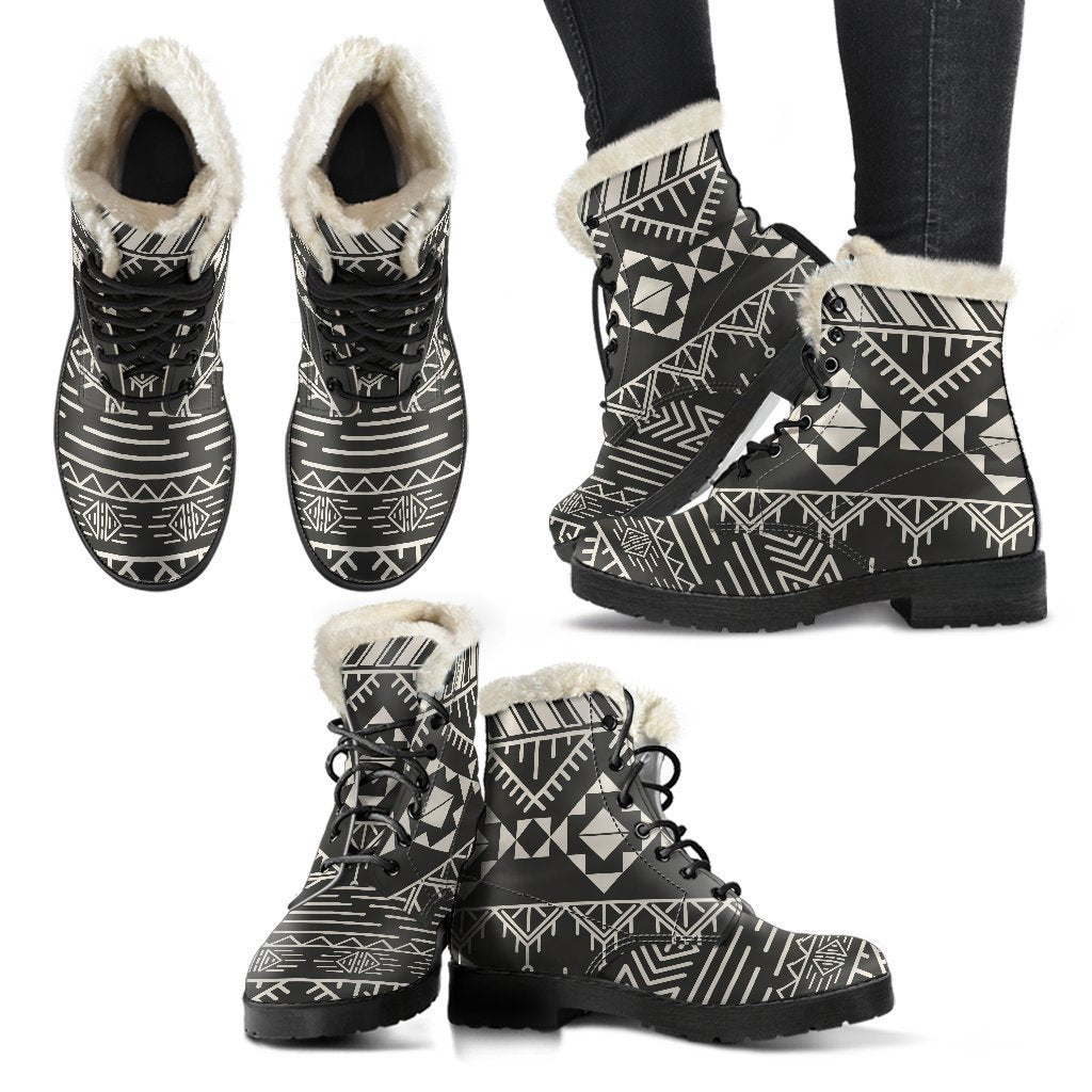 Black And Beige Aztec Pattern Print Comfy Boots GearFrost