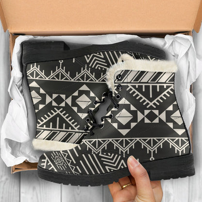 Black And Beige Aztec Pattern Print Comfy Boots GearFrost