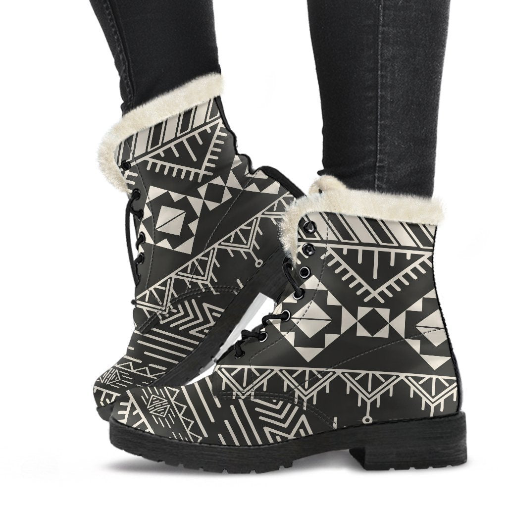 Black And Beige Aztec Pattern Print Comfy Boots GearFrost