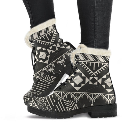 Black And Beige Aztec Pattern Print Comfy Boots GearFrost