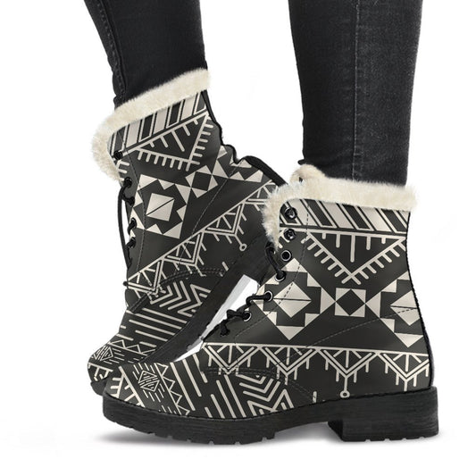 Black And Beige Aztec Pattern Print Comfy Boots GearFrost