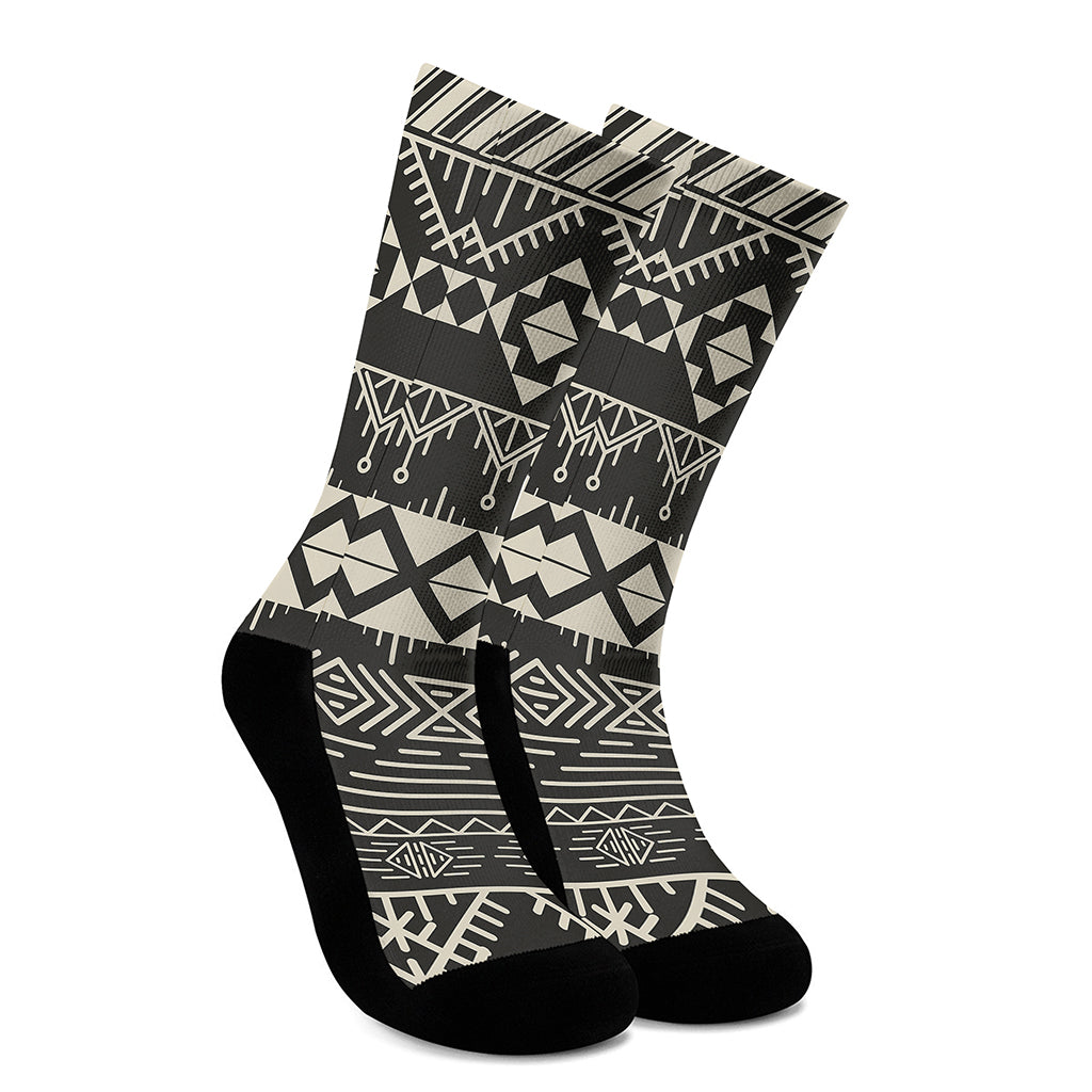 Black And Beige Aztec Pattern Print Crew Socks