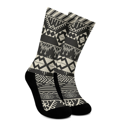 Black And Beige Aztec Pattern Print Crew Socks