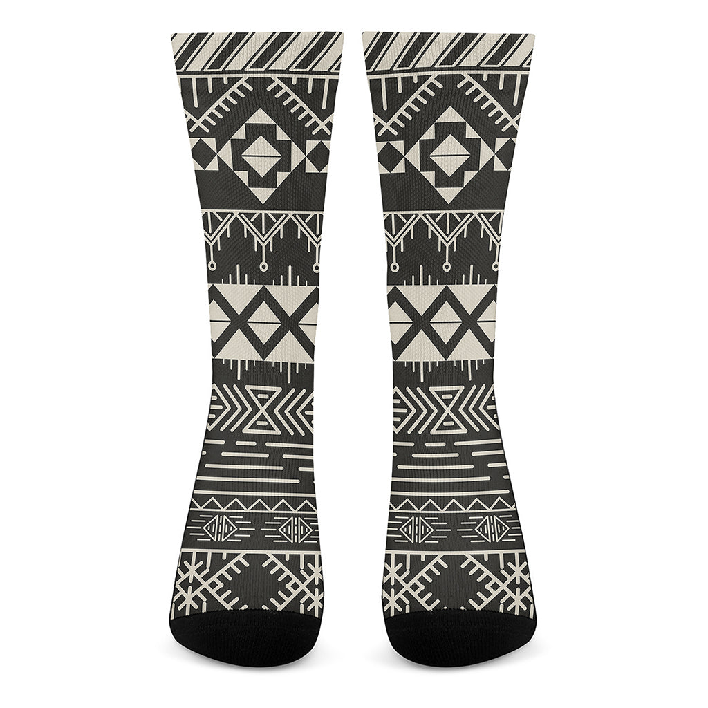 Black And Beige Aztec Pattern Print Crew Socks