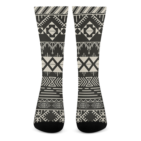 Black And Beige Aztec Pattern Print Crew Socks