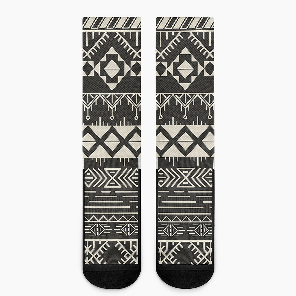 Black And Beige Aztec Pattern Print Crew Socks