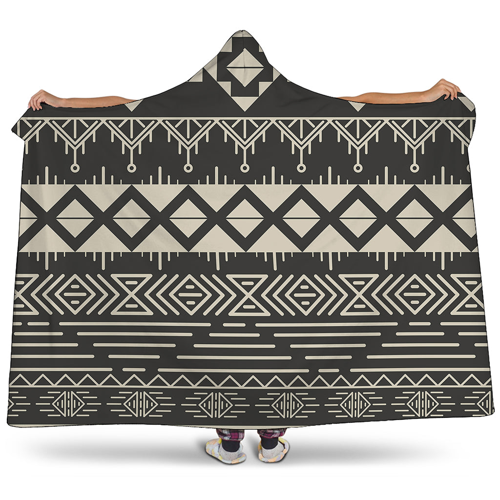 Black And Beige Aztec Pattern Print Hooded Blanket