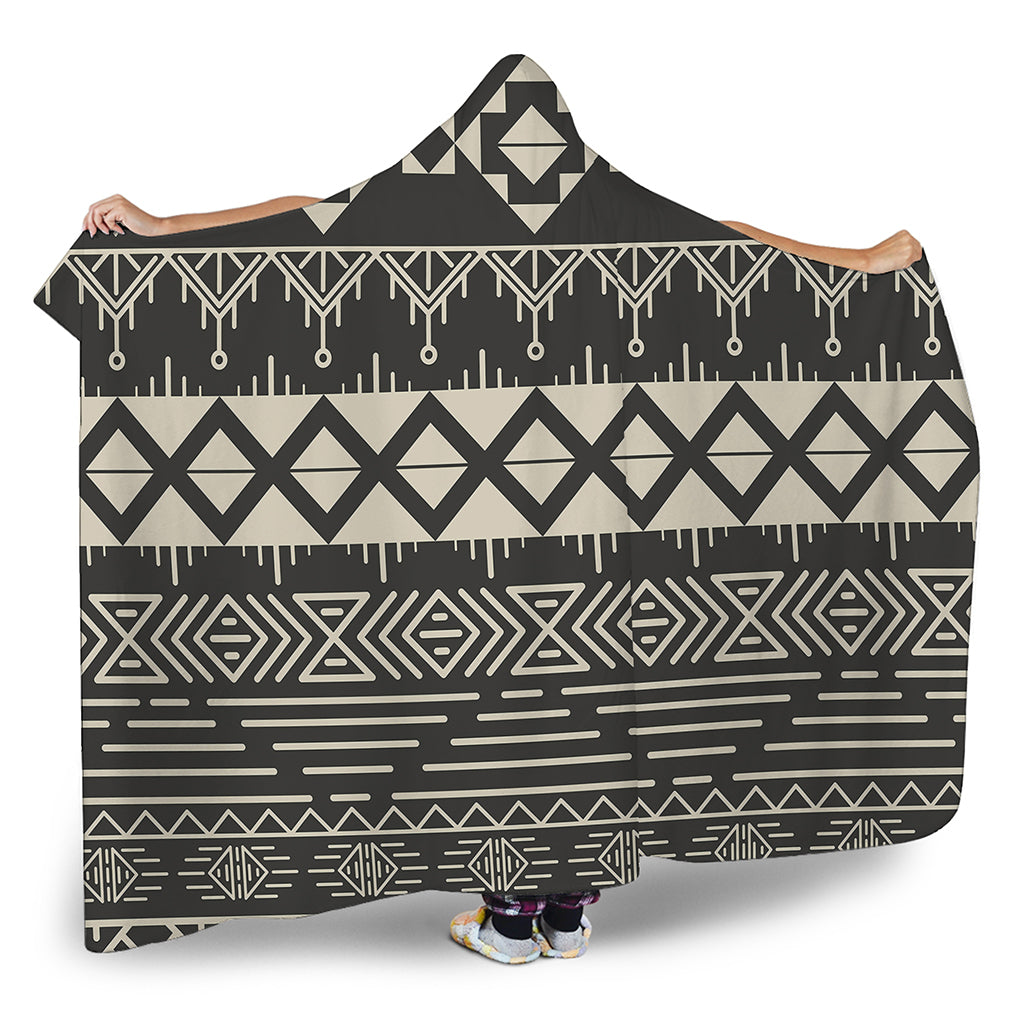 Black And Beige Aztec Pattern Print Hooded Blanket