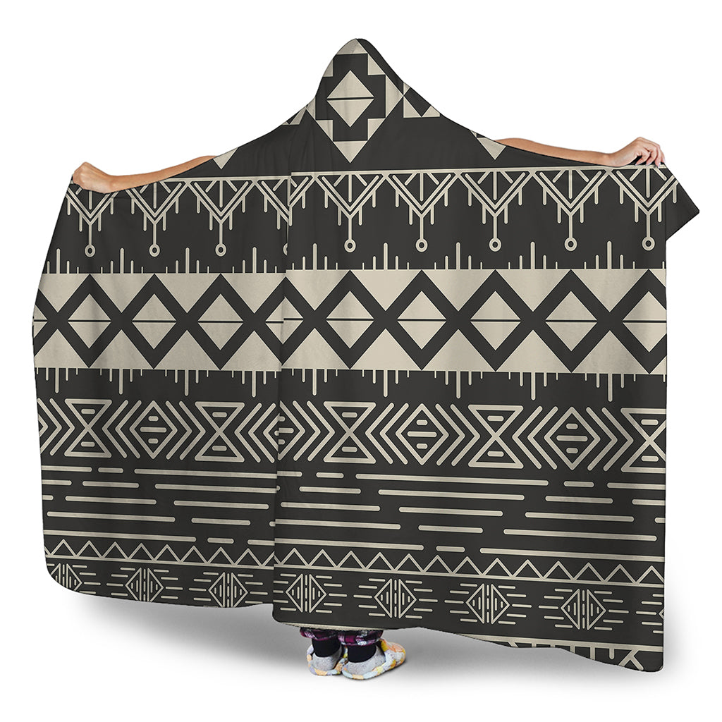 Black And Beige Aztec Pattern Print Hooded Blanket