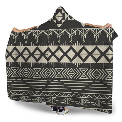 Black And Beige Aztec Pattern Print Hooded Blanket