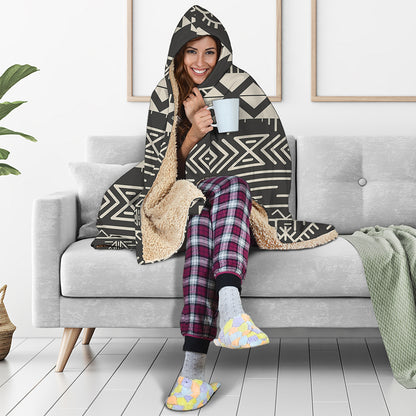 Black And Beige Aztec Pattern Print Hooded Blanket