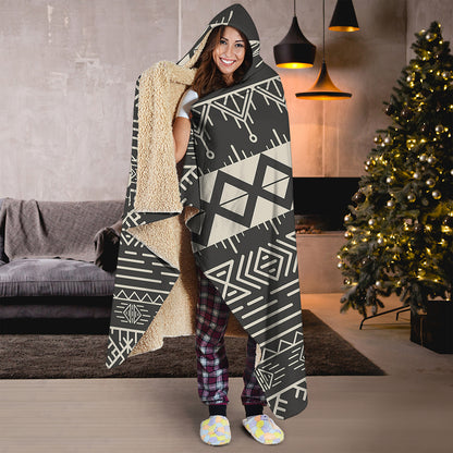 Black And Beige Aztec Pattern Print Hooded Blanket