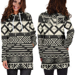 Black And Beige Aztec Pattern Print Hoodie Dress GearFrost
