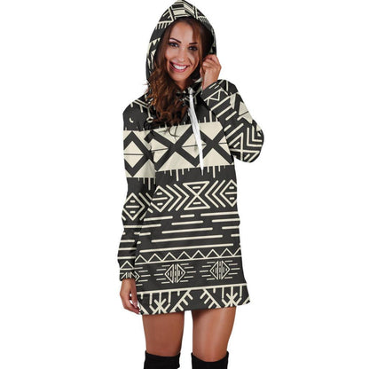 Black And Beige Aztec Pattern Print Hoodie Dress GearFrost