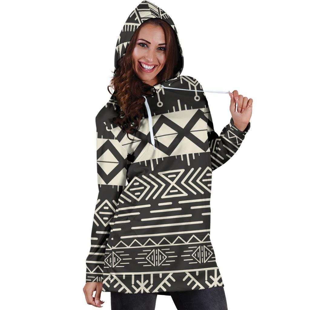 Black And Beige Aztec Pattern Print Hoodie Dress GearFrost