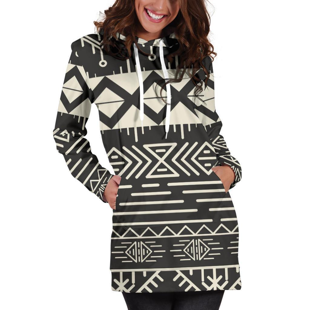 Black And Beige Aztec Pattern Print Hoodie Dress GearFrost
