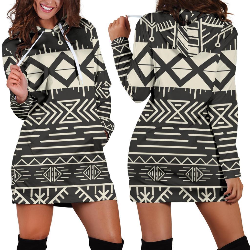 Black And Beige Aztec Pattern Print Hoodie Dress GearFrost