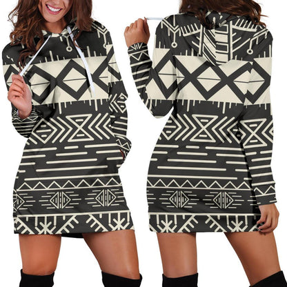 Black And Beige Aztec Pattern Print Hoodie Dress GearFrost
