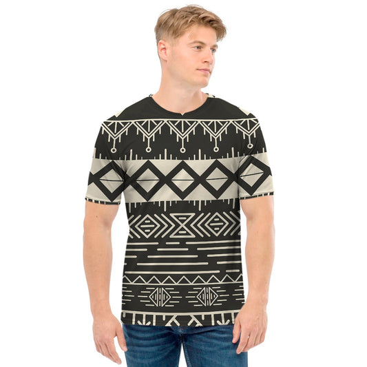 Black And Beige Aztec Pattern Print Men's T-Shirt