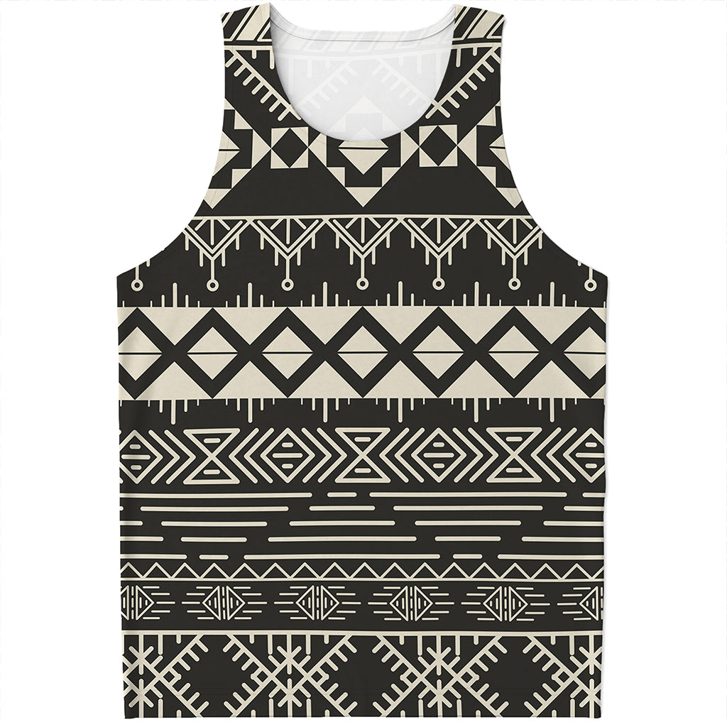 Black And Beige Aztec Pattern Print Men's Tank Top