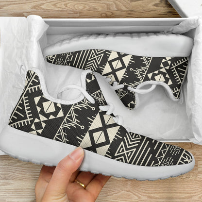 Black And Beige Aztec Pattern Print Mesh Knit Shoes GearFrost