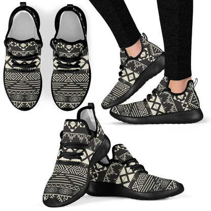 Black And Beige Aztec Pattern Print Mesh Knit Shoes GearFrost