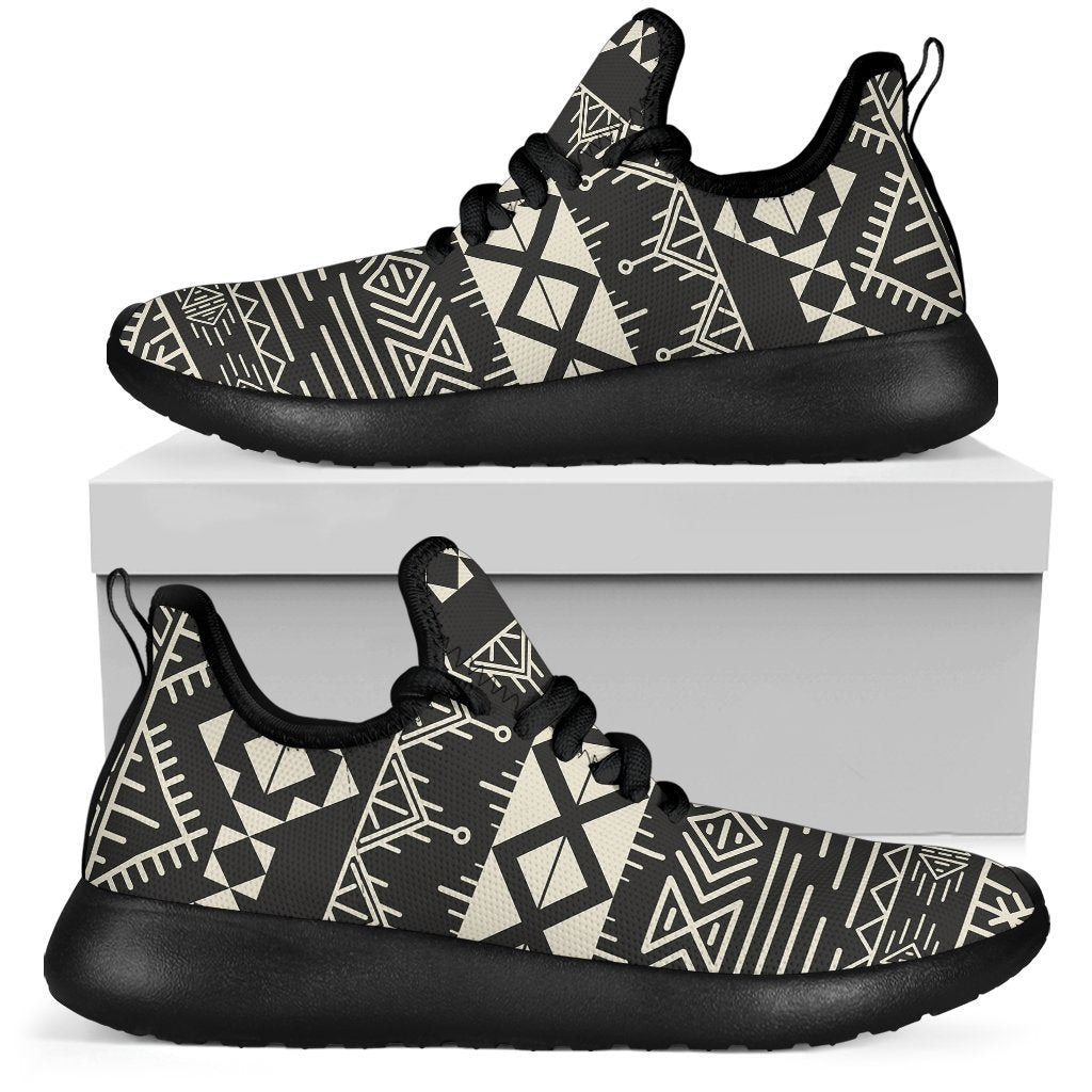Black And Beige Aztec Pattern Print Mesh Knit Shoes GearFrost