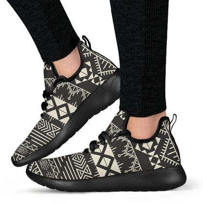 Black And Beige Aztec Pattern Print Mesh Knit Shoes GearFrost