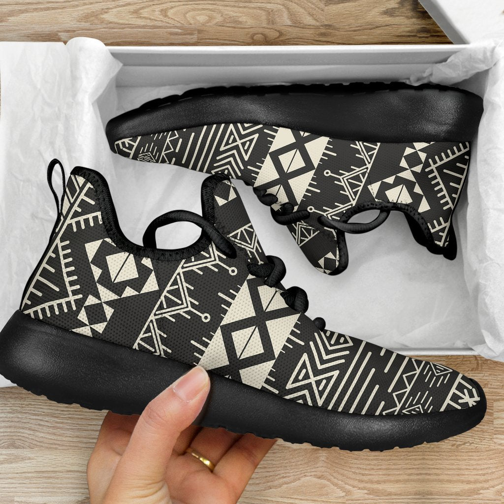 Black And Beige Aztec Pattern Print Mesh Knit Shoes GearFrost