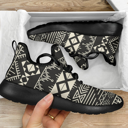 Black And Beige Aztec Pattern Print Mesh Knit Shoes GearFrost