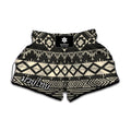 Black And Beige Aztec Pattern Print Muay Thai Boxing Shorts