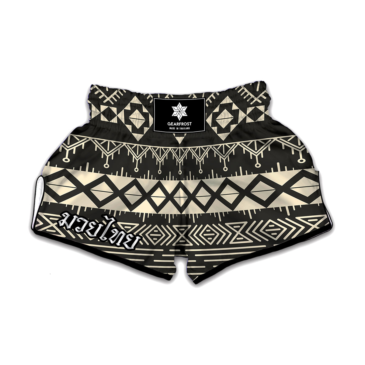 Black And Beige Aztec Pattern Print Muay Thai Boxing Shorts