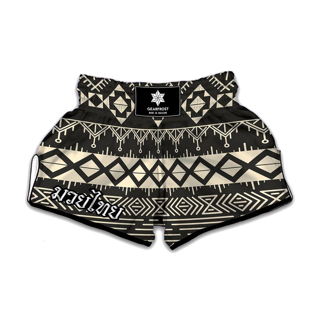 Black And Beige Aztec Pattern Print Muay Thai Boxing Shorts