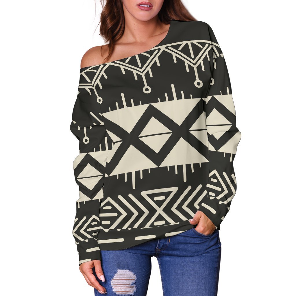 Black And Beige Aztec Pattern Print Off Shoulder Sweatshirt GearFrost