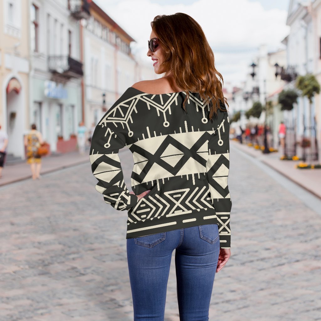 Black And Beige Aztec Pattern Print Off Shoulder Sweatshirt GearFrost