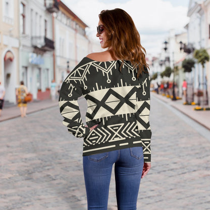 Black And Beige Aztec Pattern Print Off Shoulder Sweatshirt GearFrost
