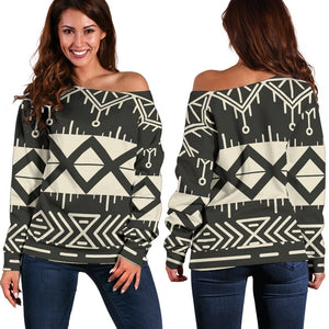 Black And Beige Aztec Pattern Print Off Shoulder Sweatshirt GearFrost