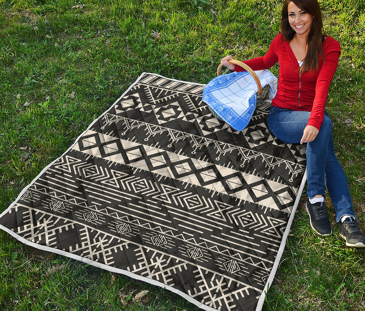 Black And Beige Aztec Pattern Print Quilt