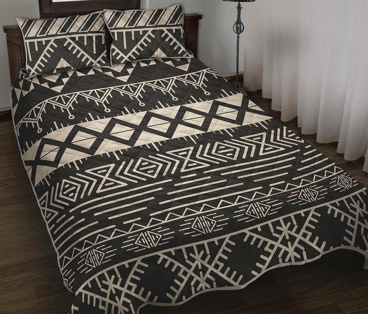 Black And Beige Aztec Pattern Print Quilt Bed Set