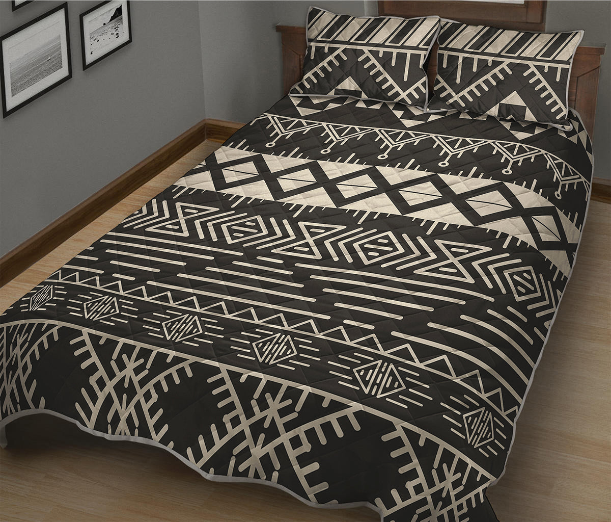 Black And Beige Aztec Pattern Print Quilt Bed Set