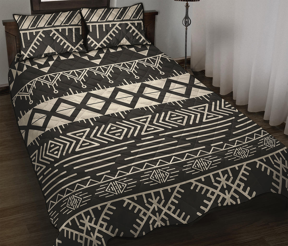 Black And Beige Aztec Pattern Print Quilt Bed Set