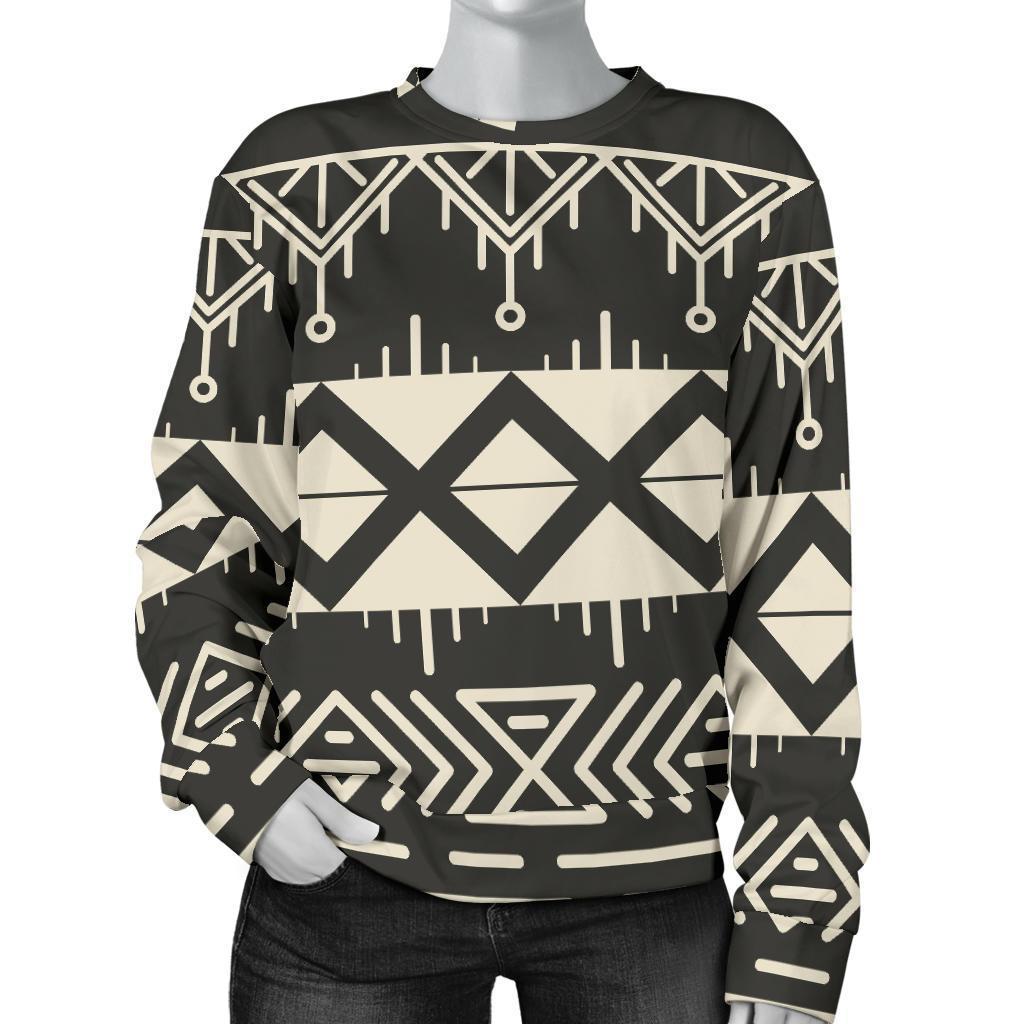 Black And Beige Aztec Pattern Print Women's Crewneck Sweatshirt GearFrost
