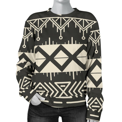 Black And Beige Aztec Pattern Print Women's Crewneck Sweatshirt GearFrost