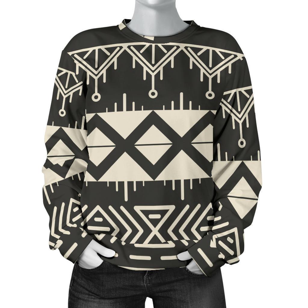 Black And Beige Aztec Pattern Print Women's Crewneck Sweatshirt GearFrost