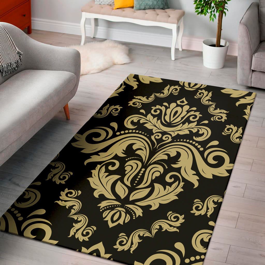 Black And Beige Damask Pattern Print Area Rug