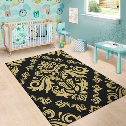 Black And Beige Damask Pattern Print Area Rug