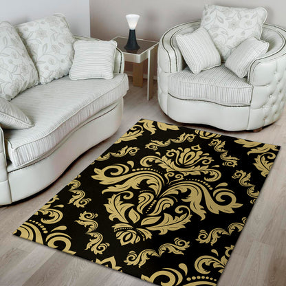 Black And Beige Damask Pattern Print Area Rug